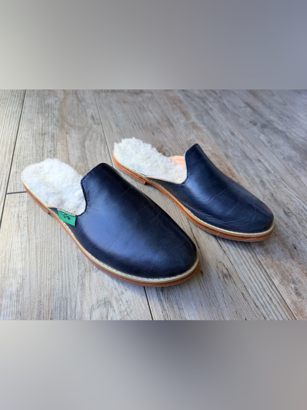 Sols Navy Blue Silvia Wool Lined Leather Mules Shoes Women’s size 9
